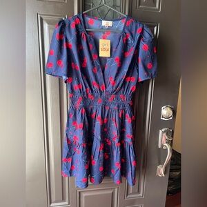 NWT Girl Soul Navy Blue Cherry Print Coquette Mini Dress - Smocked Waist M
